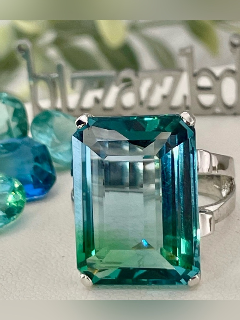 19ct‼️Bi-Tourmaline Ring. 14k White Gold Electroplated on Silver 925 Two-Tone